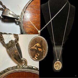 Antique Marquetry Portrait Pendant of a German Shepard, original Sterling Chain